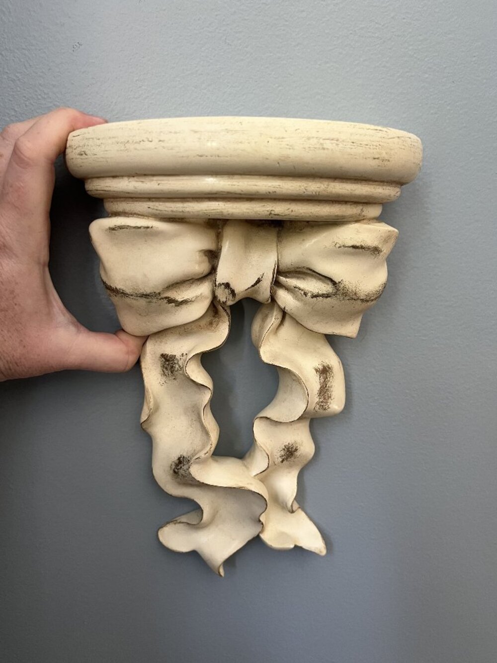 Vintage Bow Floating Wall Shelf Sculpted Ribbon Ivory Ornate Shelf